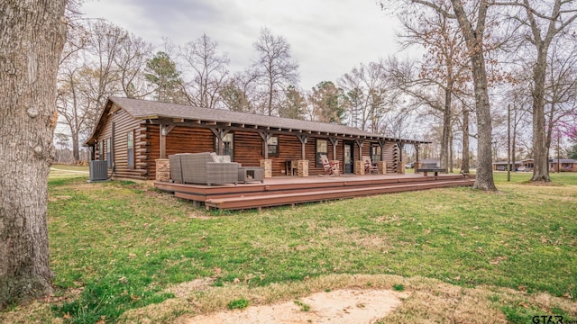 back of property featuring cooling unit, a yard, an outdoor hangout area, and a deck