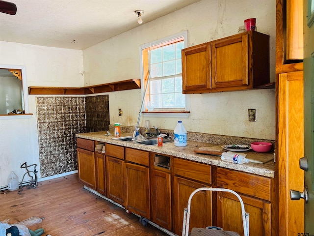 kitchen featuring dark wood-type flooring, sink, and light stone counters