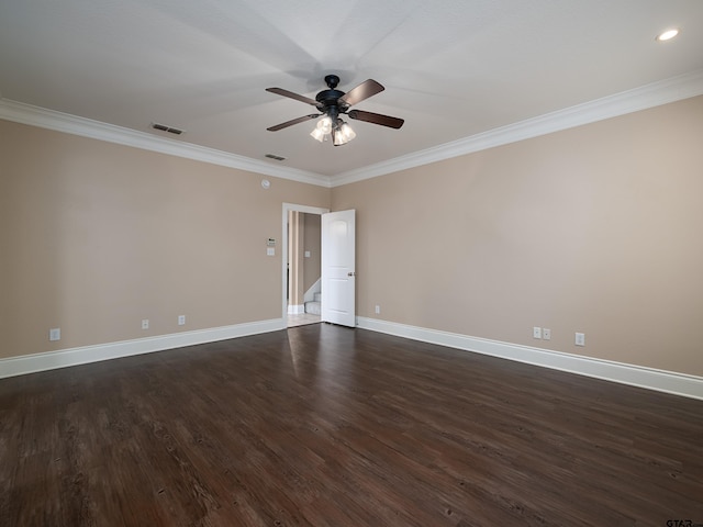 unfurnished room with baseboards, dark wood-style flooring, and a ceiling fan