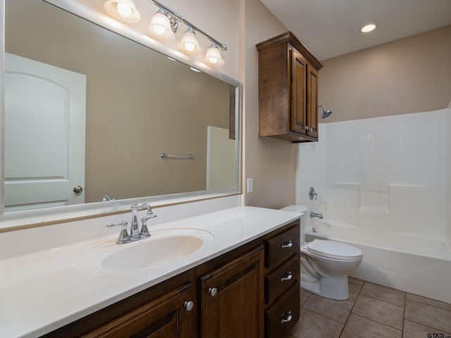 full bath featuring vanity, recessed lighting, toilet, bathing tub / shower combination, and tile patterned floors
