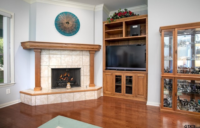 11831 Smallwood Dr, Flint, TX 75762 - living area with wood finished floors, a tile fireplace, baseboards, and ornamental molding