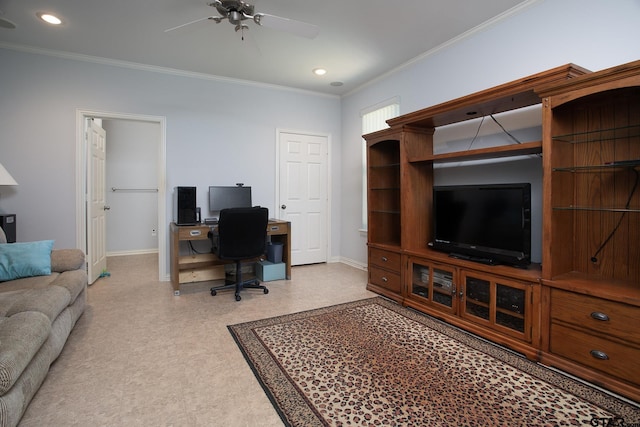 11831 Smallwood Dr, Flint, TX 75762 - office featuring baseboards, ornamental molding, a ceiling fan, and recessed lighting