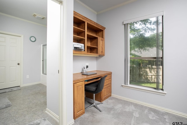 11831 Smallwood Dr, Flint, TX 75762 - home office featuring ornamental molding, baseboards, and light colored carpet