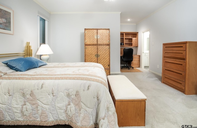 11831 Smallwood Dr, Flint, TX 75762 - bedroom featuring light carpet, crown molding, a desk, baseboards, and recessed lighting