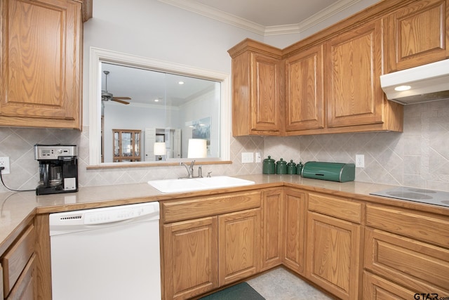 11831 Smallwood Dr, Flint, TX 75762 - kitchen with white appliances, a sink, ornamental molding, light countertops, and tasteful backsplash