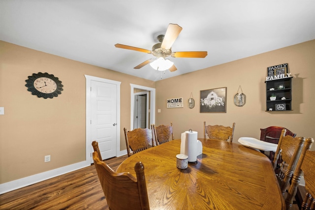 dining space with ceiling fan and hardwood / wood-style flooring