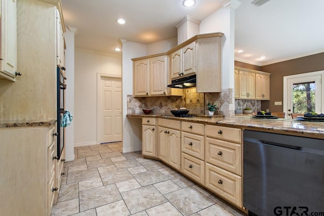 kitchen featuring dishwasher, light brown cabinets, light stone counters, and crown molding