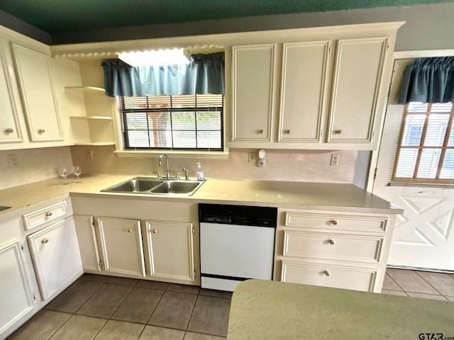 kitchen featuring white dishwasher, plenty of natural light, white cabinets, and sink