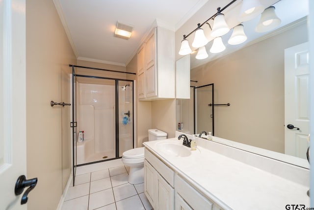 bathroom featuring a shower with door, tile patterned floors, toilet, and crown molding