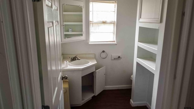 bathroom with hardwood / wood-style floors and vanity