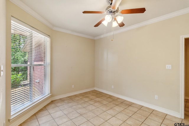 unfurnished room featuring ceiling fan, baseboards, and ornamental molding