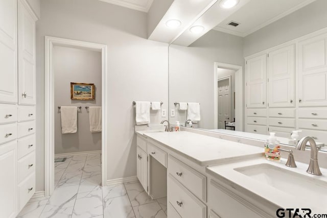 5807 Stoneleigh Dr, Tyler, TX 75703 - full bath with marble look tiles, double vanity, ornamental molding, baseboards, and recessed lighting