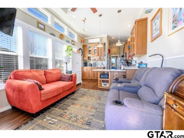 living room featuring ceiling fan and dark hardwood / wood-style flooring