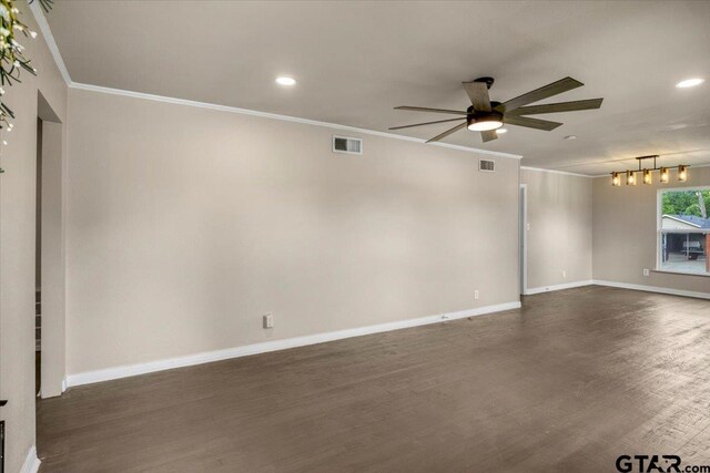 1330 Graham Dr, Tyler, TX 75701 - spare room featuring recessed lighting, ceiling fan, visible vents, crown molding, and dark wood-type flooring