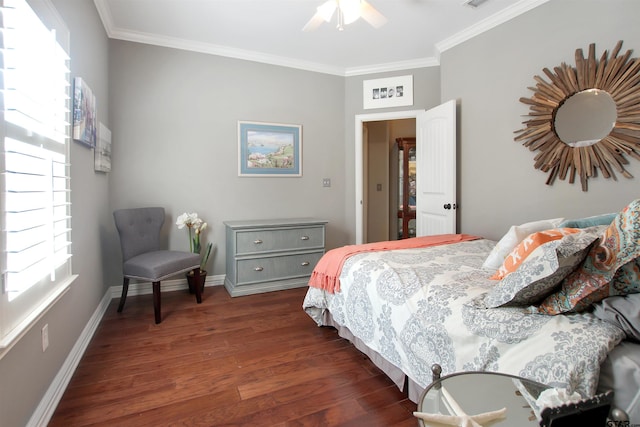 24130 Stallion Park Pl, Lindale, TX 75771 - bedroom with dark wood-type flooring, baseboards, ornamental molding, and a ceiling fan