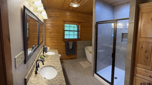 1801 Robbins Rd, Athens, TX 75751 - bathroom featuring wooden ceiling, a freestanding bath, a sink, and a stall shower