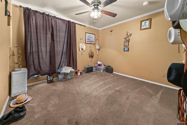 interior space with ceiling fan, carpet flooring, and ornamental molding