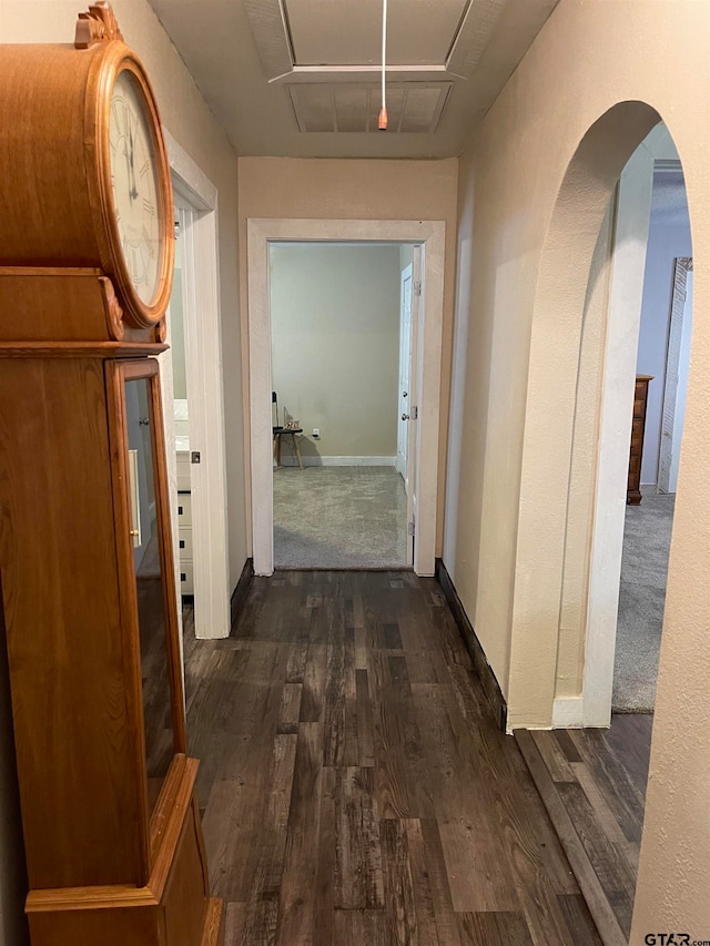 hallway with dark hardwood / wood-style flooring