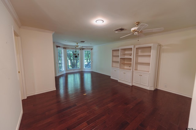 unfurnished living room with dark hardwood / wood-style floors, crown molding, and ceiling fan