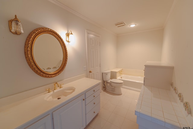 bathroom featuring crown molding, vanity, a tub, tile patterned flooring, and toilet