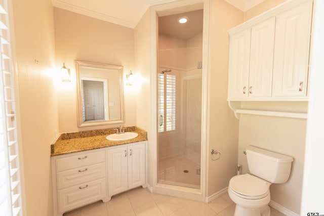 bathroom with tile patterned flooring, toilet, tiled shower, and ornamental molding