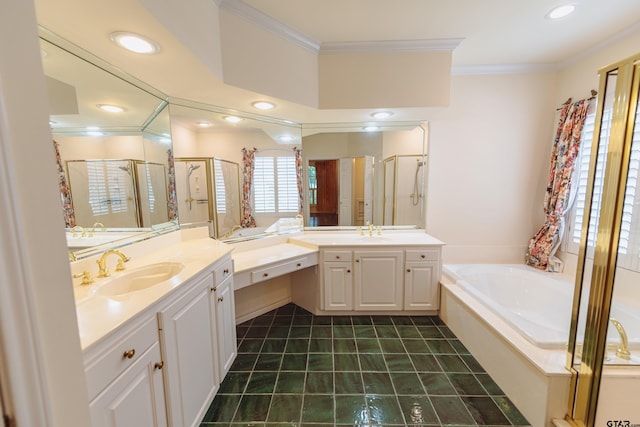 bathroom featuring independent shower and bath, vanity, and ornamental molding