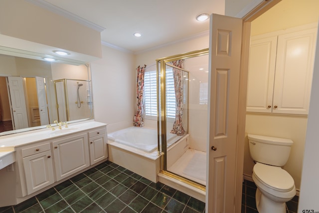 full bathroom with tile patterned floors, ornamental molding, separate shower and tub, vanity, and toilet