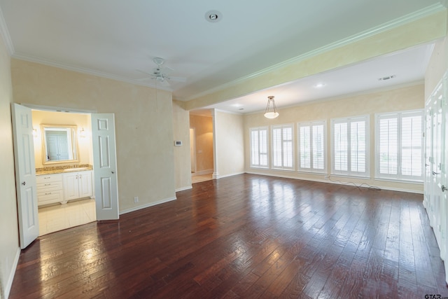 unfurnished living room featuring ceiling fan, dark hardwood / wood-style floors, and ornamental molding