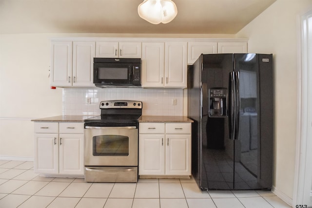 kitchen with backsplash, white cabinets, and black appliances