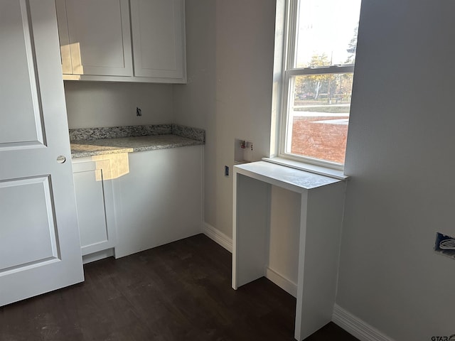 washroom featuring a healthy amount of sunlight, cabinets, and dark wood-type flooring