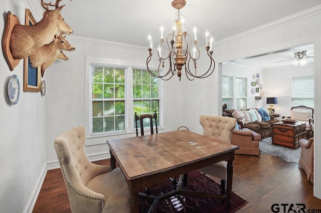 818 Rusk St, Tyler, TX 75701 - dining area featuring dark wood finished floors, a chandelier, healthy amount of natural light, crown molding, and a textured ceiling