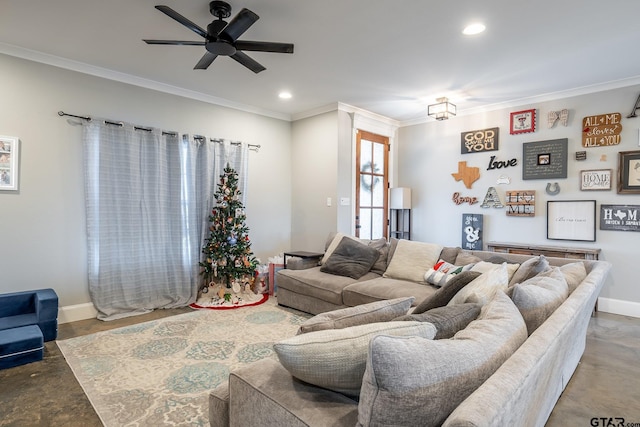 living area with baseboards, recessed lighting, and crown molding