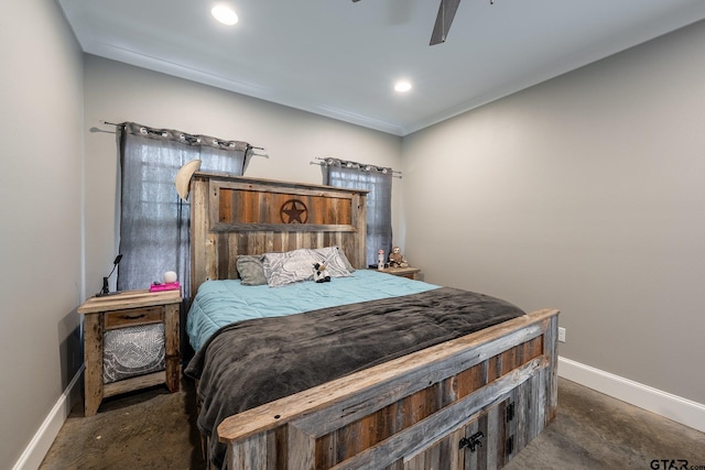 bedroom with concrete flooring, recessed lighting, baseboards, and a ceiling fan