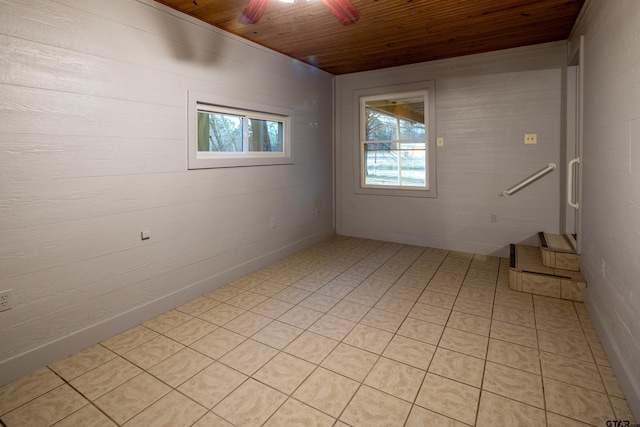 spare room featuring ceiling fan and wooden ceiling