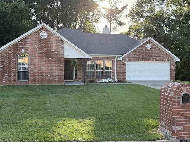 203 Macarthur St, Tyler, TX 75704 - ranch-style house featuring a garage, a front lawn, brick siding, a chimney, and driveway