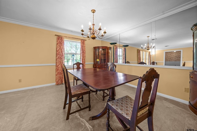 1101 Canada St, Jacksonville, TX 75766 - carpeted dining space with a chandelier, baseboards, and crown molding
