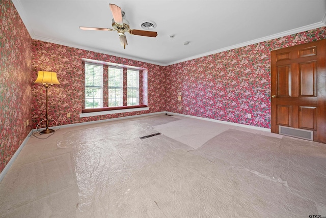 1101 Canada St, Jacksonville, TX 75766 - empty room with ceiling fan, ornamental molding, baseboards, carpet, and wallpapered walls