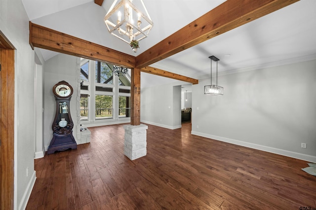 unfurnished living room featuring dark wood-type flooring, vaulted ceiling with beams, and a notable chandelier