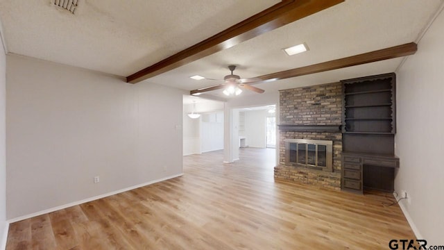 unfurnished living room with ceiling fan, beam ceiling, a textured ceiling, and light hardwood / wood-style flooring