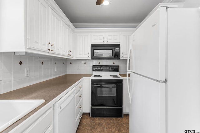 801 Wilder Way, Tyler, TX 75703 - kitchen with white appliances, white cabinetry, decorative backsplash, and ornamental molding