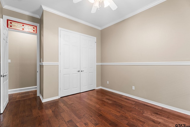 801 Wilder Way, Tyler, TX 75703 - unfurnished bedroom with wood finished floors, a closet, crown molding, and a ceiling fan