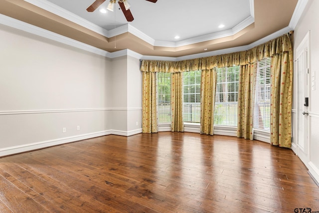 801 Wilder Way, Tyler, TX 75703 - empty room featuring a ceiling fan, ornamental molding, a raised ceiling, hardwood / wood-style floors, and recessed lighting