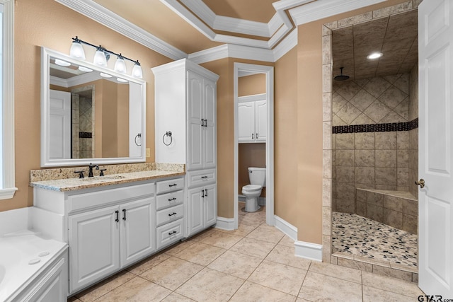 801 Wilder Way, Tyler, TX 75703 - full bath featuring ornamental molding, a walk in shower, vanity, tile patterned flooring, and a tub to relax in