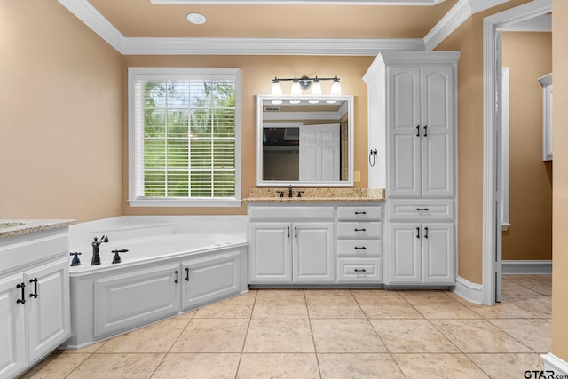 801 Wilder Way, Tyler, TX 75703 - bathroom with vanity, crown molding, a garden tub, and tile patterned flooring