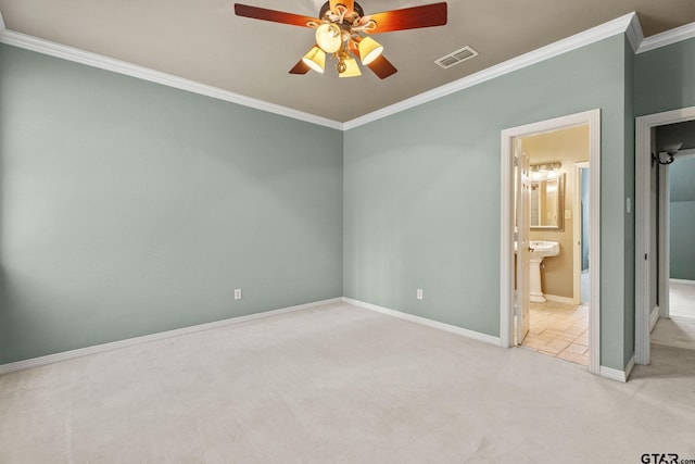 801 Wilder Way, Tyler, TX 75703 - unfurnished bedroom featuring carpet, crown molding, ensuite bathroom, and a ceiling fan