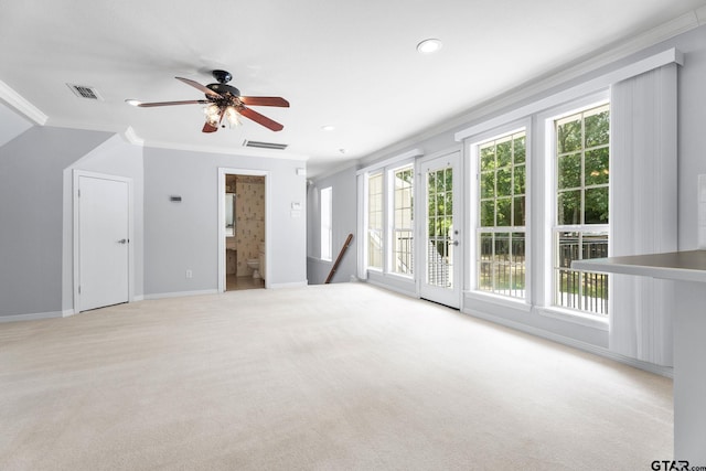 801 Wilder Way, Tyler, TX 75703 - unfurnished living room featuring ornamental molding, healthy amount of natural light, light carpet, ceiling fan, and recessed lighting