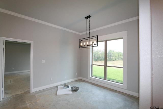 unfurnished dining area featuring crown molding and a notable chandelier