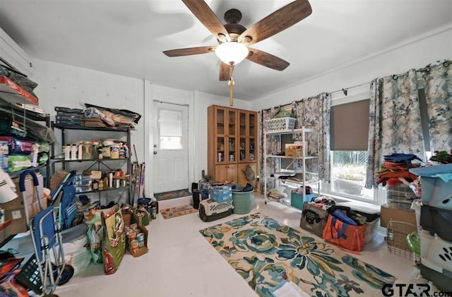 storage area featuring a ceiling fan