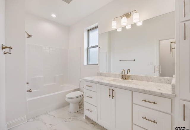 full bathroom featuring vanity,  shower combination, and toilet