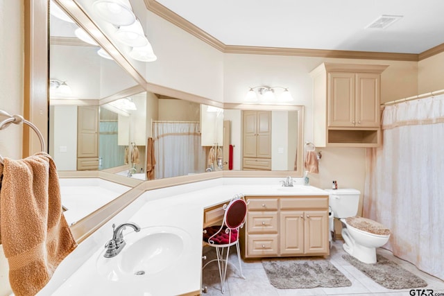 full bath with double vanity, visible vents, ornamental molding, and a sink